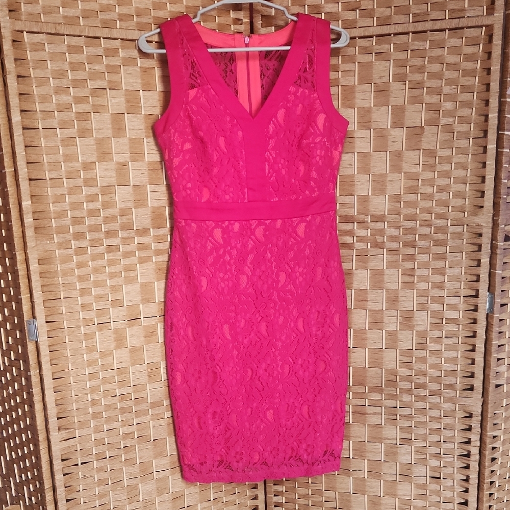 Womens Spring, Classy, Bodycon Fitted Lace Sheath Dress - Hot Pink Sz 4